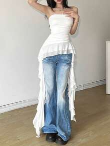 Áo Top Dazzle dành cho nữ, kiểu dáng thường ngày, hở vai, chất liệu lưới, xếp ly, vạt bất đối xứng, thích hợp cho các lễ hội âm nhạc. - trắng - Xem 2