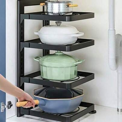 3-Tier Adjustable Pot Rack - Sturdy Iron Kitchen Storage Rack For Pots, Pans And Lids - Space-Saving Multi-Layer Organizer Rack To Improve Cooking Efficiency - Practical Kitchen Storage Rack