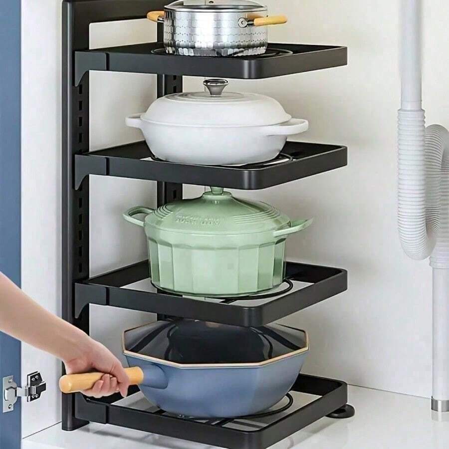 3-Tier Adjustable Pot Rack - Sturdy Iron Kitchen Storage Rack For Pots, Pans And Lids - Space-Saving Multi-Layer Organizer Rack To Improve Cooking Efficiency - Practical Kitchen Storage Rack - Black - View 1