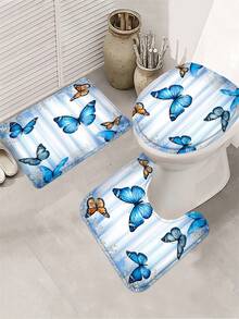 这款1/4件套浅蓝色渐变蝴蝶花卉图案浴室浴帘套装，风格清新美丽，自然优雅，并带有梦幻般的童话质感，配有12个挂钩，尺寸为72*72英寸，还包含一个马桶盖、一个浴室垫和一个地毯。 - 多色 - 查看 7