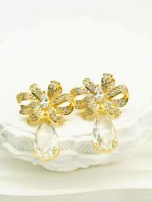 1件装奢华蝴蝶结水滴镶钻耳环，小众设计金色耳环，优雅通勤风，女士必备 - 金色 - 查看 5