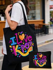 我爱K-Pop帆布手提袋，大容量K-Pop粉丝周边礼品，通勤购物袋，可折叠休闲杂货袋，适合音乐爱好者，适用于旅行、演唱会、粉丝活动、派对、工作、日常使用，粉丝生日礼物、偶像周边、节日礼物、演唱会礼物 - 彩色 - 查看 4