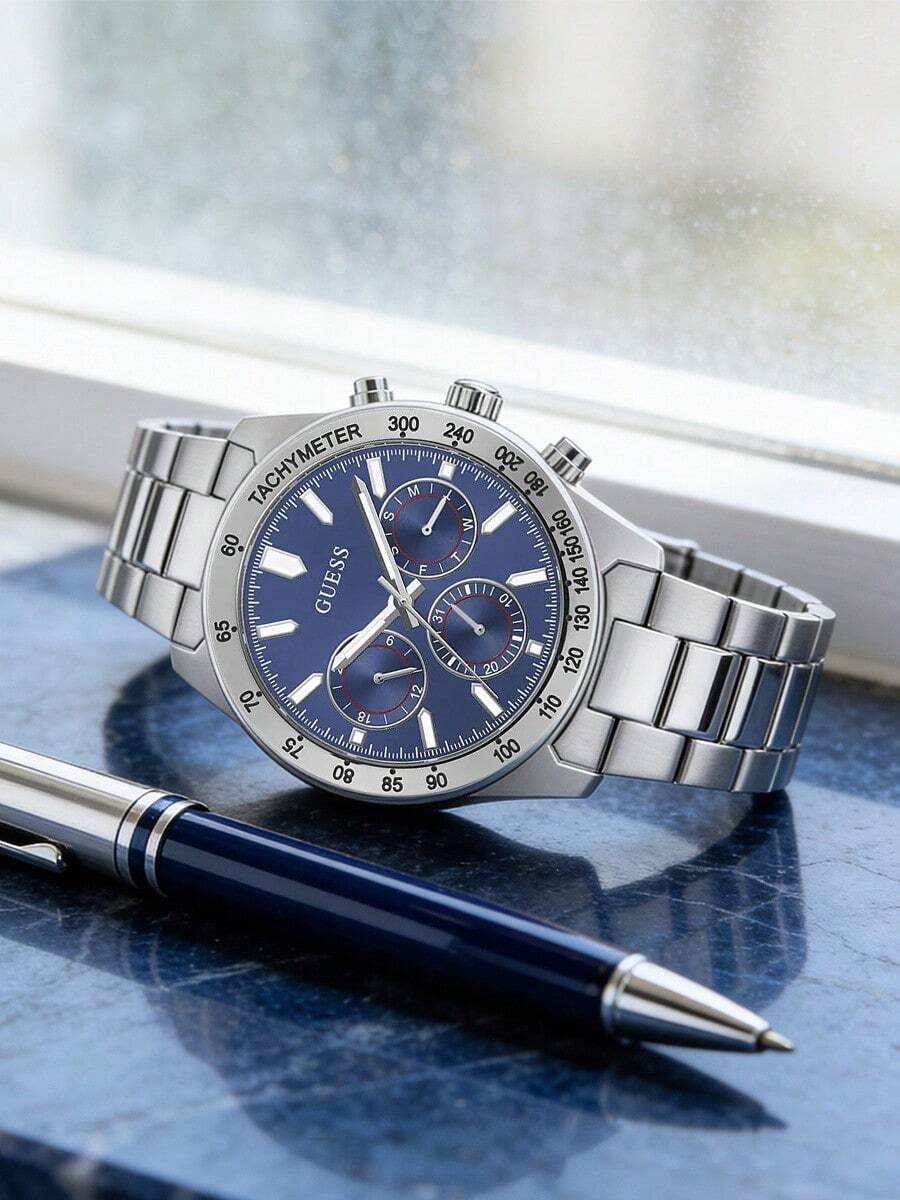 Guess Men's Round Multi-Function Quartz Watch, Navy Blue Dial With Luminous Markings, Date Display, 3 Sub-Dials, Red Accent Ring, Tachymeter Scale, Fixed Bezel, Brushed Stainless Steel Case, Solid Link Bracelet, Racing Sport Urban Style Gift - Silver - View 1