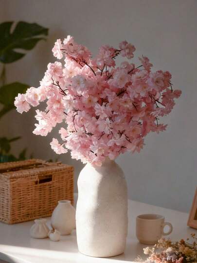1/3/6pcs Silk Cherry Blossom Branches, 21.7in Artificial Cherry Blossom Flowers Long Stems Fake Flowers Vase Arrangements For Wedding Home Decor Table Centerpieces Pink