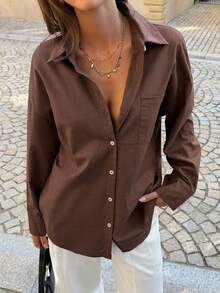 Look Polly 女士夏季棕色上衣，单排扣设计，胸前口袋，适合夏季海滩装扮，打造休闲街头风，通勤和周末度假必备单品 - 咖色 - 查看 10