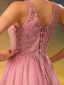 Mesh Patchwork Sequin Formal Evening Bridesmaid Dress Wedding Spring - Blush - View 8