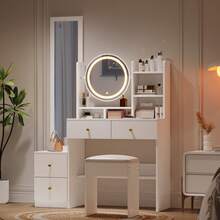 4-In-1 Vanity Table / Luxurious Style Vanity Table / With Full-Length Mirror And Rotating Table Mirror / Includes Vanity Stool / Suitable For Bedroom, Living Room And Other Rooms, White - White - View 4