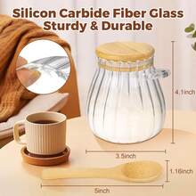 Sugar Container With Bamboo Lid And Spoon,15 Oz Sugar Bowl Glass Jar For Coffee Bar Accessories Coffee Canister Kitchen Decor Housewarming Gift Christmas Refillable Design - 15oz Striped Glass - View 3