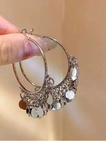 一对圆形吊坠耳环，时尚几何圆形吊坠，大号耳环，适合女性，性感迷人 - 銀色 - 查看 5