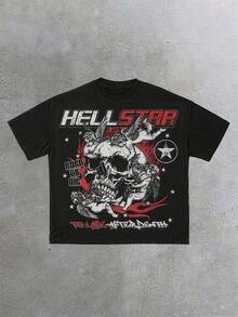 Printed T-Shirt Cotton Plus Size Men's Clothing, Men's 100_ Cotton Graphic Tee, Crew Neck Short Sleeve Casual T-Shirt With HELLSTARs Bold Letter Print, Skull And Angels Graphic. 100 Percent Cotton, Funny Graphic Tees, Graphic Tees, Graphic T Shirt, Graphic Shirts, Summer Clothes, Camiseta Para Hombre, Cotton Graphic Tees, Labor Day,Father's Day, Easter Gifts,Tee Gift For Him. - Black - View 1