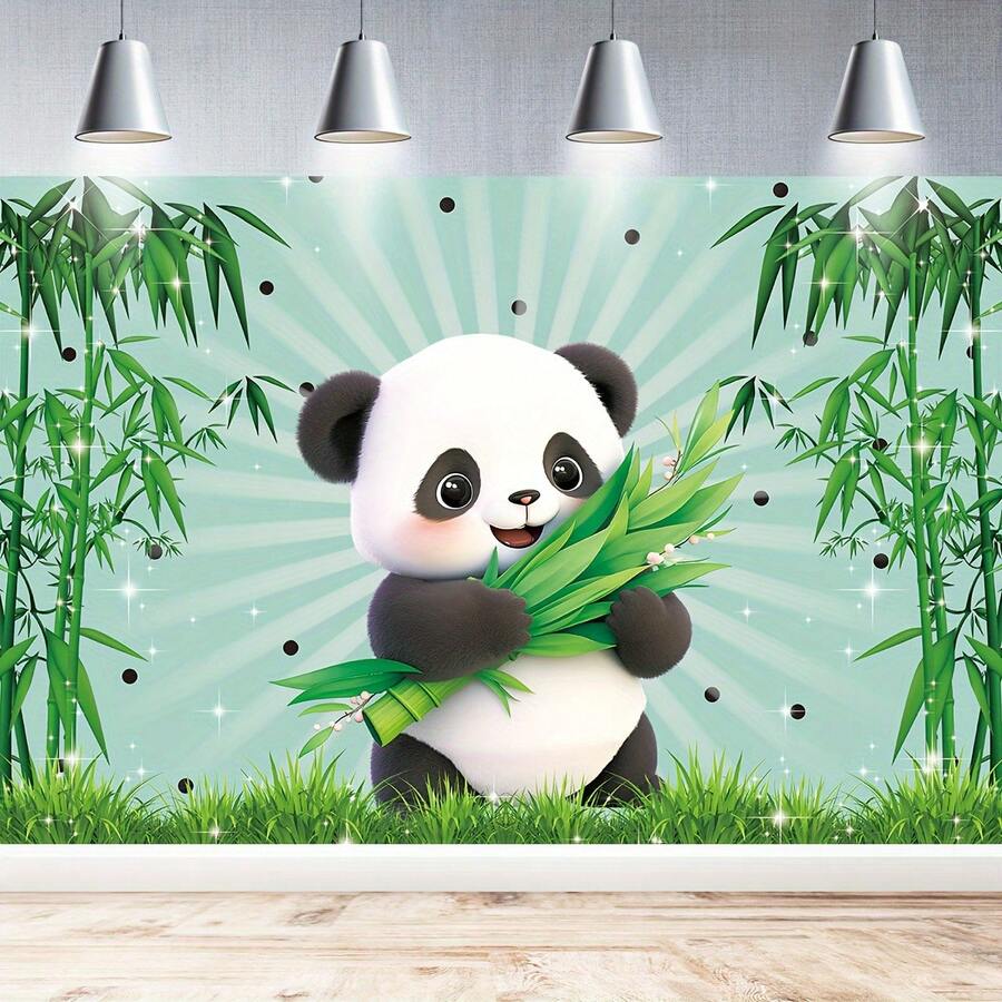 1件卡通熊猫生日快乐背景布，绿色竹熊猫主题婴儿派对礼物拍照背景，生日派对装饰，蛋糕桌装饰 - 4 - 查看 1