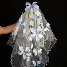 蓝色、紫色、橙色花朵头饰，白色蝴蝶结新娘面纱，婚礼派对配饰 - 彩色 - 查看 13