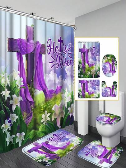 Bộ 4 món chủ đề Lễ Phục Sinh màu tím, bao gồm 12 móc nhựa, thảm chống trượt, thảm chữ U cho bồn cầu, nắp bồn cầu, đồ trang trí phòng tắm, vách ngăn bồn tắm và rèm tắm 4 mảnh. Phù hợp với nhiều phong cách trang trí nhà cửa, món quà trang trí nhà cửa tinh tế và thiết thực này là vật dụng không thể thiếu đối với các chủ nhà.