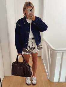 Áo khoác nữ kiểu phi công dáng rộng cổ điển mới, có túi, tay dài, thích hợp cho mùa xuân và mùa thu. - Màu xanh hải quân - Xem 2