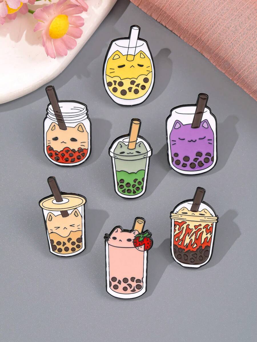 1/7 pièces Broche mignonne de chat et de thé au lait, chacune avec une saveur et une expression uniques, schéma de couleurs de macaron frais, doux et cool, un accessoire étincelant pour votre tenue - Multicolore - Voir 1