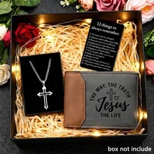 4/3/2PCS Christian Gift Set | God Is Good PU Wallet + Black Bracelet + Stainless Steel Cross Necklace | Religious Gift Set For Men, Dad, Husband, Son | Faith-Based Birthday, Anniversary, Christmas Gift - Black & Brown - View 6