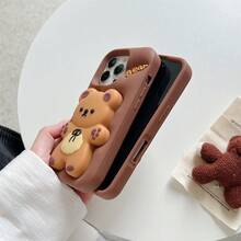 可爱蝴蝶结小熊硅胶手机壳，适用于 16/15 Pro、14 Pro Max、13、12、11，防震保护套 - 黑蝴蝶結小熊(褐色) - 查看 6