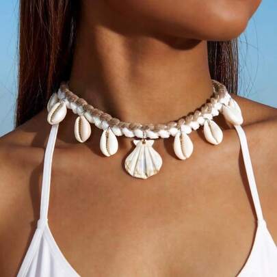 imoli 1件波西米亚风涤纶双色编织亚克力扇贝吊坠项链，海洋主题礼物，适合女性海滩度假