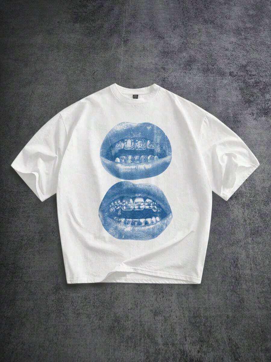 Camiseta ChristmasManfinity azul desbotada e folgada com estampa de lábios, joias e dentes em estilo urbano, manga curta, ideal para primavera/verão, divertida para presentear um amigo ou a si mesmo. Item imperdível.