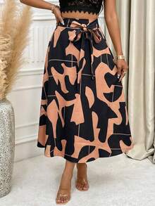 女士黑色和驼色抽象印花中长连衣裙，优雅派对装扮，配腰带，休闲中长连衣裙 - 棕色 - 查看 5