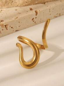 1 chiếc nhẫn thép không gỉ thiết kế đường kẻ bất đối xứng, kiểu dáng tối giản thời trang, phù hợp cho phụ nữ đeo hàng ngày và dự tiệc. - Vàng - Xem 4