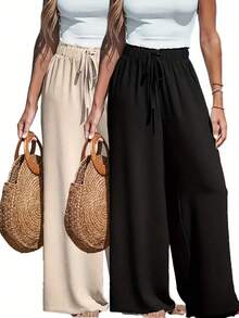 2-Piece/1-Piece Women's Casual Wide-Leg Pants - Four-Season Comfort Stretch Waistband Drawstring Design, Loose-Fit Solid-Color Trousers, Machine-Washable Non-Stretch Fabric, Lightweight Plus-Size Women's Pants, High-Waisted Leggings, Bell-Bottom Pants, Pink & Black + Apricot & Black + Caramel Women's Leggings - 黑色+杏色 - 查看 10