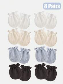 8 pares de manoplas sin arañazos para bebé - Suaves con patrón de espiga de trigo tejido (0-12 meses) Puño con volantes transpirable Artículos esenciales diarios unisex para recién nacidos en todas las estaciones - Blanco + Albaricoque + Azul + Negro - Ver 3