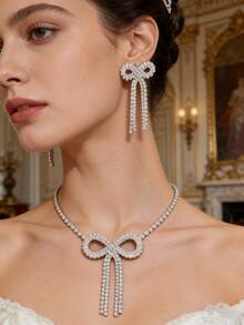 Bộ 2 món trang sức nơ tua rua đính đá màu bạc, thiết kế rỗng tinh tế - Trang sức nơ đa năng cho đám cưới/tiệc tùng. - Bạc - Xem 7