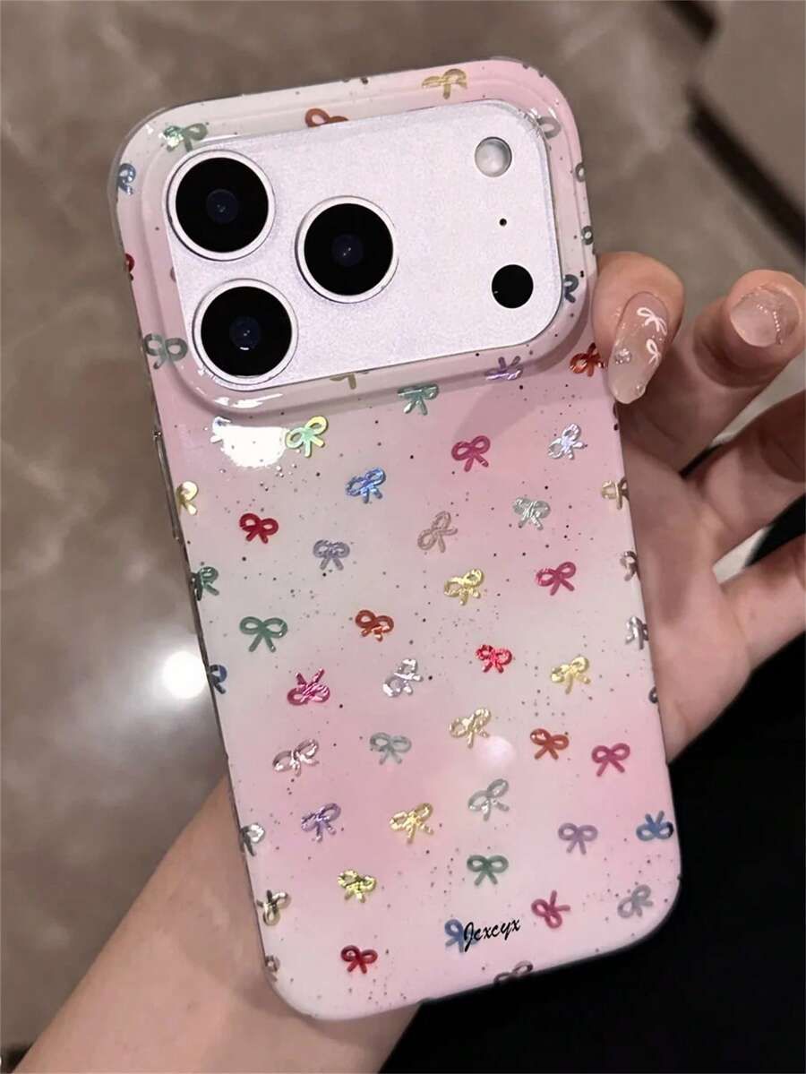 可爱Y2K风格彩色蝴蝶结圆点手机壳，适用于 17 Pro Max、17 Pro、16 Pro Max、16、17、15、14 Plus、13、12 Pro Max、11；甜美粉色渐变闪亮箔面质感软壳保护套