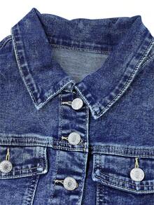 春季新款韩版修身弹力牛仔外套，女款短袖休闲牛仔外套，秋季蓝色牛仔布，带口袋，休闲街头风女款秋季休闲水洗纽扣牛仔外套 - 中等水洗藍 - 查看 8