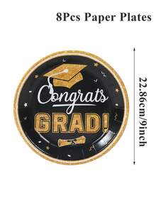 40pcs Graduation Party Tableware Set, Graduation Decorations, Graduation Theme Disposable Tableware Set, Paper Plates, Paper Cups And Napkins, Graduation Party Supplies, Gold And Black Graduation Decor, 2026 Graduation Party Decorations, Home Decor, Kitchen Tabletop Decor, 2026 Graduation Decor - Graduation Season Black Gold - View 10