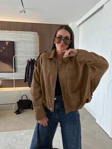 Chaqueta casual urbana de unicolor con bolsillo con cremallera delantera, chaqueta de manga larga relajada, adecuada para primavera y otoño - Bronce - Ver 3