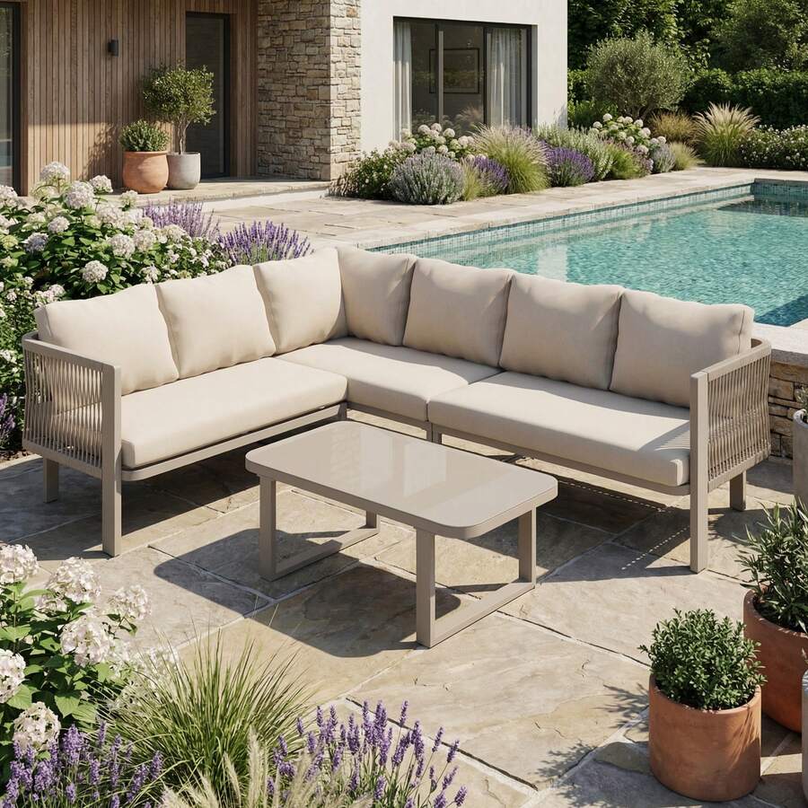 Garden Furniture Set For 6 People, Corner Configuration, Galvanized Steel Tubes, Glass Tabletop, Teslin Rope Weaving, Includes Dining Table, Bench, Chairs And Sofa, Khaki Color. - Khaki - View 1