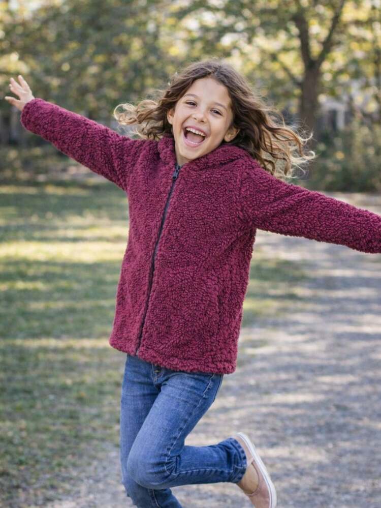 Children's And Youth Winter Cold Weather Blouse For Girls Teddy Coat With Hooded Hat Jacket - Màu Hoa hồng đỏ - Xem 2