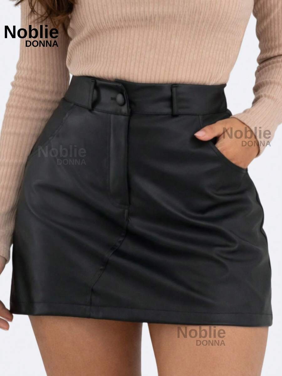 Women's Tailored Short Skirt, Formal Casual Style, With Zipper, Pocket, And Button - 黑色 - 查看 1