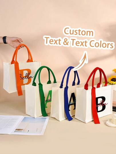 1pc Customized Canvas Tote Bag With Ribbon Design, Personalized Text & Letter Creative Storage Bag, Outdoor Picnic Tote, Multi-Functional Handbag, Suitable For Mother's Day, Valentine's Day, Father's Day, Wedding, Bridesmaid Gifts, Gifts For Son, Daughter, Parents, Grandparents, Friends, Colleagues