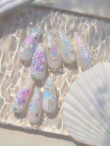 1pc Summer Mermaid Tail Nail Stickers - Shimmering Ocean Element Self-Adhesive Nail Art Stickers, Shell And Starfish Patterns, Shiny Texture, Suitable For DIY In Spring And Summer, Princess Anime Theme Style, Shimmering Nail Stickers For Spring Manicure, Mermaid Party Decor - Pink - View 9