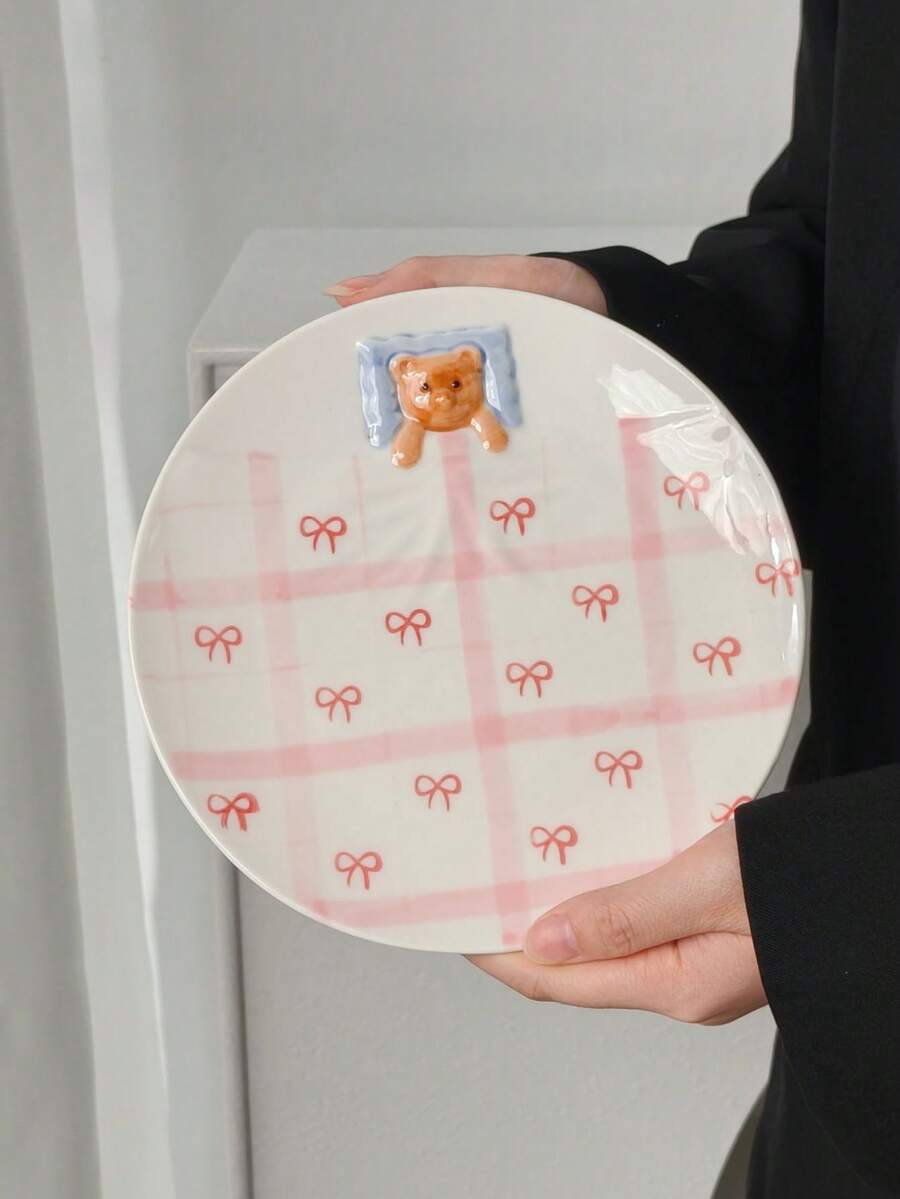 Cabin Kangaroo 1個可愛3D熊圖案陶瓷盤附蝴蝶結印花，可愛浮雕晚餐盤，美學甜點早餐盤，微波爐適用，適合家居裝飾與禮品