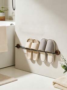 1pc No-Drill Wall-Mounted Slippers Rack, Natural Wood & Metal Bathroom Slippers Storage Rack, Space-Saving Shoe Organizer - Multicolor - View 3