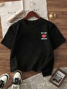 Camisetas manga corta mujer 1 pieza Camiseta de manga corta, cuello redondo, holgada y cómoda, con estampado de corazón rosa y taza de café, ideal para verano, playa, uso diario, trabajo, festivales y San Valentín, para amantes del café - Negro - Ver 2