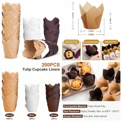 Premium Standard Size Tulip Cupcake Liners, 200-Pack Greaseproof Baking Cups, Classic Parchment Muffin Wrappers For Christmas And Party