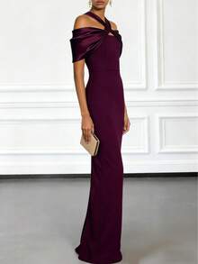 女士红十字吊带露肩连衣裙，优雅夏季性感修身派对婚礼宾客晚礼服，适合鸡尾酒会、舞会、毕业典礼、海滩度假、生日派对、正式场合、伴娘、周年纪念等春季穿着。 - 酒紅色 - 查看 4