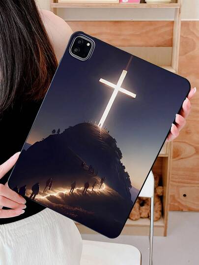 1 pieza Funda protectora plana de color negro mate con silueta de cruz de cima de montaña, funda protectora a prueba de caídas de fe cristiana compatible con iPad