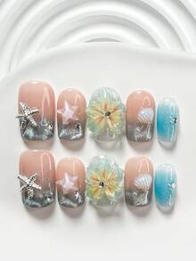 10件套时尚渐变手工美甲套装，包含凝胶美甲套装、银色海星、手工渐变蓝绿双层冰花美甲装饰、白色贝壳、蓝色猫眼图案、蓝色指甲油，以及美甲工具（1个果冻贴纸+1个指甲锉）。提供三种尺寸：方形、短方形、杏仁形。适合派对、日常、聚会、摄影、春夏通勤等场合。按压式美甲片。 - 彩色 - 查看 14