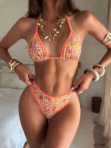 Conjunto de bikini y tanga triangular con estampado floral y escote halter sexy para mujer, ideal para la playa en verano - Multicolor - Ver 2