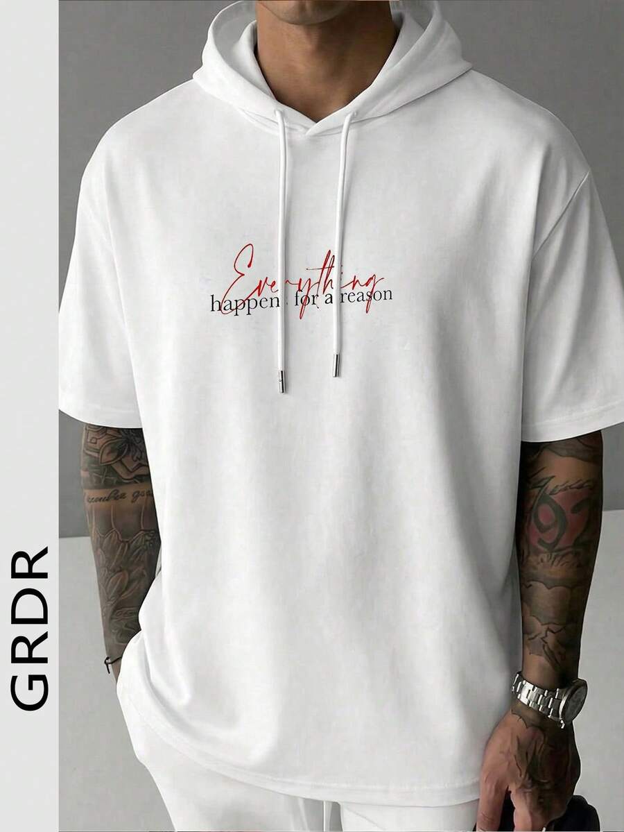 GRDR Men's American Street Style "Happens For A Reason" Letter Print Short Sleeve Hoodie, Minimalist Versatile - White - View 1