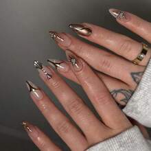 24pcs Almond-Shaped Ombre Brown Medium Length False Nails Set, Decorated With Gold Foil Sunshine And Asymmetrical Line Designs, Accented With Elegant Pearls And Rhinestones - Gold - View 10