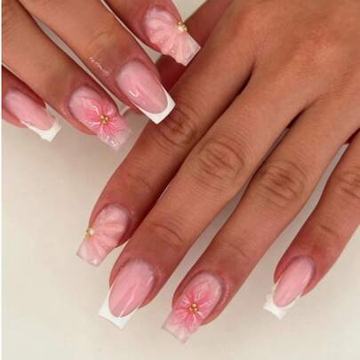 24pcs Rectangular 3D Faux Flower Nail Art False Nails Set, Includes 1 Bottle Gel Glue And 1 Nail File, White French Manicure And Summer Nails, Suitable For Women's Daily Work, Festivals And Parties