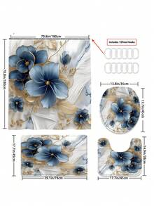 1/3/4-Piece Blue & Gold Floral Bathroom Shower Curtain Set, Including 12 Free Plastic Hooks, As Well As Matching Shower Curtain, Toilet Seat Cover, Bath Mat And Floor Rug. Machine Washable, Ideal For Room Decoration And Summer Styling. - Multicolor - View 13