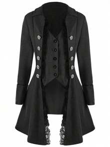 Giacca da donna in stile medievale a tinta unita con maniche lunghe e tre bottoni, top asimmetrico, vestibilità slim, gonna lunga da donna - Rosso - Visualizzare 3